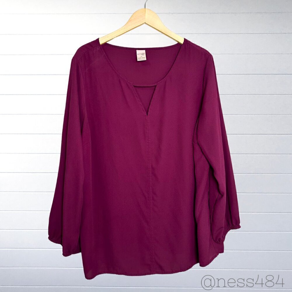 Terra Sky Womens Burgundy Keyhole Neck Long Sleeve Blouse Top Plus Size 1X